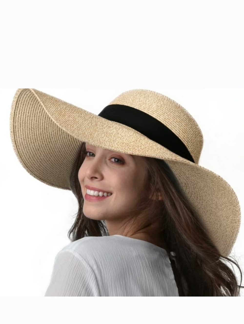 FURTALK Wide Brim Straw Sun Hat Black Ribbon Floppy Beach Summer XL